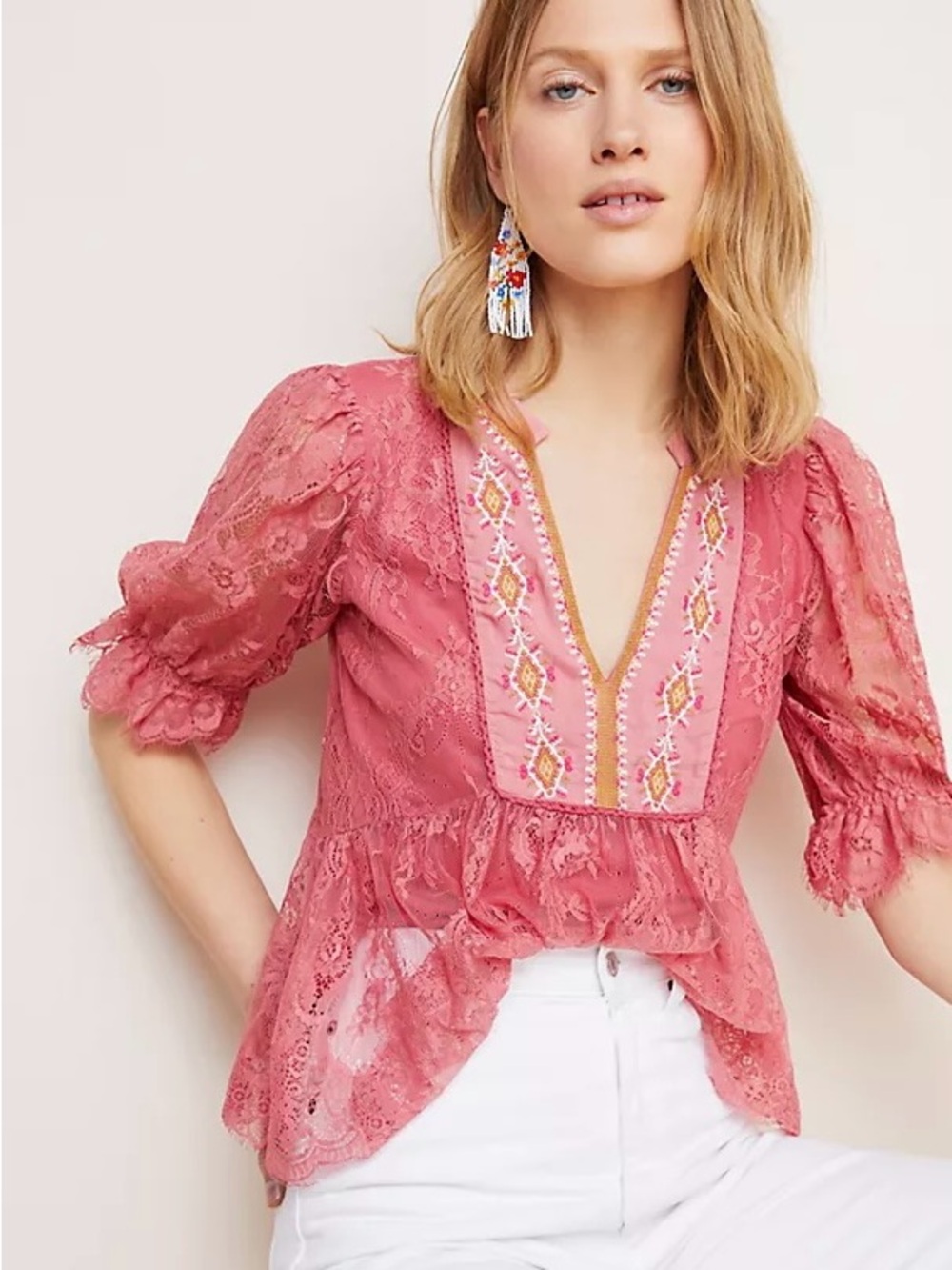 Anthropologie Bl^nk London Rose Pink Embroidered Lace Peplum Blouse